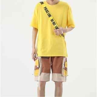 Set: Plain Elbow-sleeve T-shirt + Color Panel Cargo Shorts