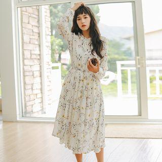 Flower Print A-line Midi Chiffon Dress
