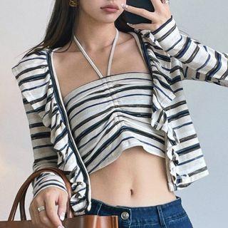 Set: Halter Striped Drawstring Camisole Top + Ruffled Open Front Jacket