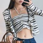 Set: Halter Striped Drawstring Camisole Top + Ruffled Open Front Jacket
