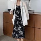 Long-sleeve Tie-back Blouse / Spaghetti Strap Floral Midi A-line Dress