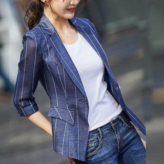3/4-sleeve Striped Open-front Blazer