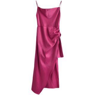Spaghetti Strap Asymmetrical Slit Satin Sheath Dress