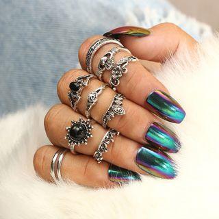 Set Of 10 : Faux Crystal Alloy Ring (assorted Designs) 10 Pcs - Silver - One Size