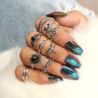 Set Of 10 : Faux Crystal Alloy Ring (assorted Designs) 10 Pcs - Silver - One Size