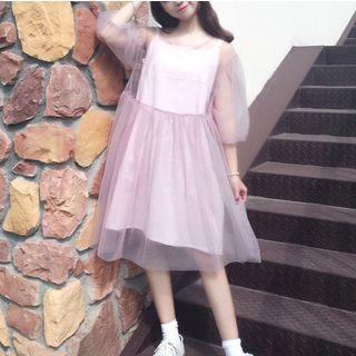Set: Plain Spaghetti Strap Dress + Mesh Elbow-sleeve Dress