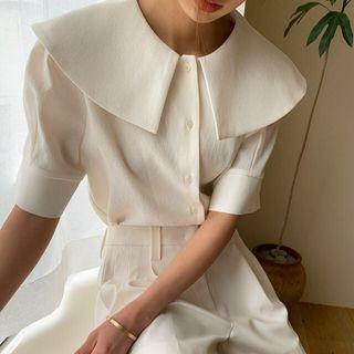 Collar Plain Short Sleeve Top Milky White - One Size