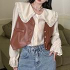 Ruffle Trim Blouse / Faux Leather Button-up Vest
