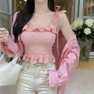 Ruffle Textured Camisole Top / Plain Shirt