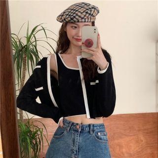Contrast Trim Cardigan / Sleeveless Knit Top