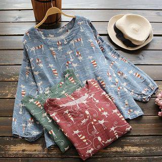 Long-sleeve Cat Patterned Top