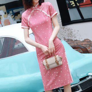 Flower Print Lace Trim Short-sleeve Qipao