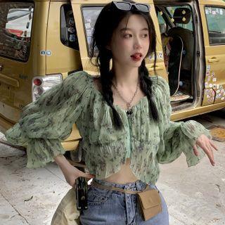 Bell-sleeve Floral Chiffon Blouse Green - One Size