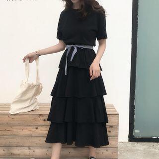 Layered Short-sleeve A-line Midi Dress