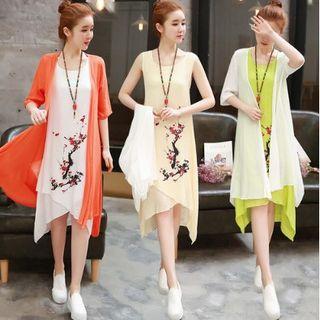 Set: Sleeveless Print Dress + Long Light Jacket