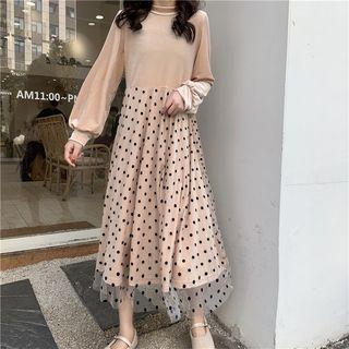Dotted Print Mesh Panel Mock Neck Velvet Midi Dress