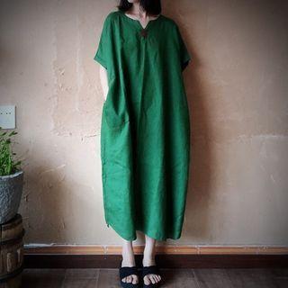 Elbow-sleeve Embroidered Linen Midi Dress Green - One Size
