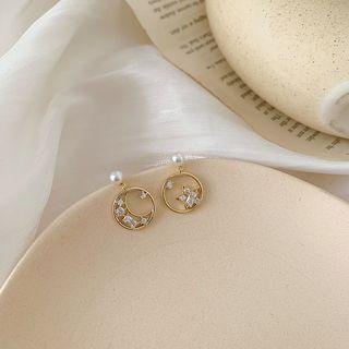 Faux Pearl Rhinestone Moon & Star Dangle Earring 1 Pair - White & Gold - One Size