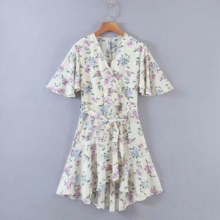 V-neck Short-sleeve Tie-front Floral-print Mini Dress