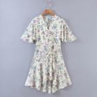 V-neck Short-sleeve Tie-front Floral-print Mini Dress