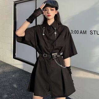 Elbow-sleeve Mini A-line Shirtdress / Chain Belt