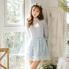 Cat Embroidered Flower Applique Elbow Sleeve Dress