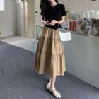 Plain High-waist A-line Maxi Skirt / Asymmetrical Short-sleeve Top