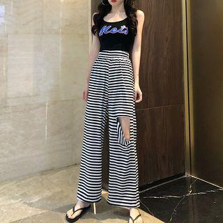 Lettering Tank Top / Cropped T-shirt / Striped Cut Out Wide-leg Pants