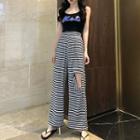 Lettering Tank Top / Cropped T-shirt / Striped Cut Out Wide-leg Pants