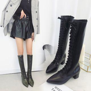 Pointy Toe Chunky Heel Lace-up Tall Boots