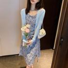 Set: Long-sleeve Plain Cardigan + Spaghetti-strap Leopard Print Slit Sundress