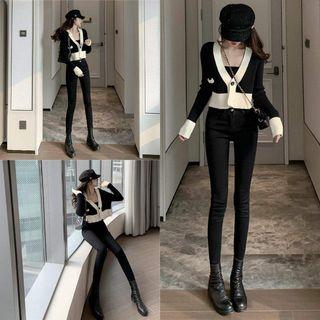 Contrast Trim Cardigan / High-waist Slim Fit Jeans