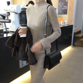 Slit-cuff Long Rib-knit Dress