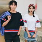 Couple Matching Elbow-sleeve Striped Panel T-shirt