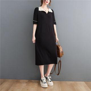 Elbow-sleeve Collar Knit Midi Sheath Dress Black - One Size