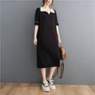 Elbow-sleeve Collar Knit Midi Sheath Dress Black - One Size