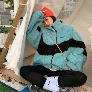 Fluffy Color Block Zipped Jacket Blue - One Size