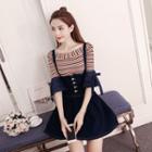 Set: Striped Elbow-sleeve Top + Denim Jumper Skirt