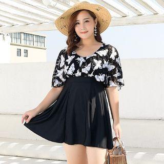 Short Sleeve Butterfly Print Panel Swimdress