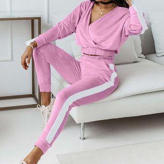 Set: Velvet Long-sleeve Cropped Sweatshirt + Striped Sweatpants