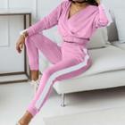 Set: Velvet Long-sleeve Cropped Sweatshirt + Striped Sweatpants