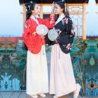 Floral Print Hanfu / Crane Embroidered Furry Hood Cape