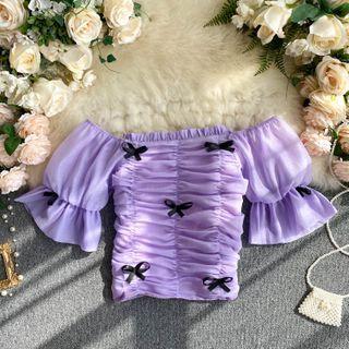 Bow Mesh Puff-sleeve Top