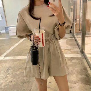 Set: Puff-sleeve Blouse + Drawstring Shorts