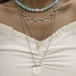 Heart Pendant Bead Layered Alloy Necklace 01 - Blue - One Size