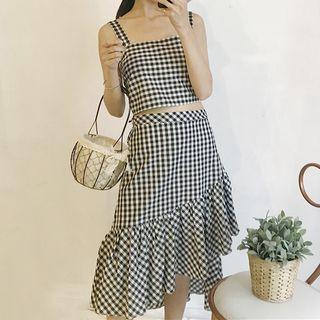 Set : Plaid Sleeveless Top + Midi Skirt