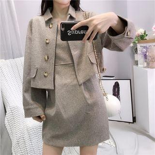 Set: Cropped Button Coat + Spaghetti Strap A-line Dress