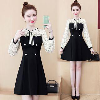 Dotted-sleeve Double-breasted A-line Dress