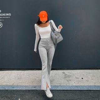 Drawstring-waist Slit-side Boot-cut Pants