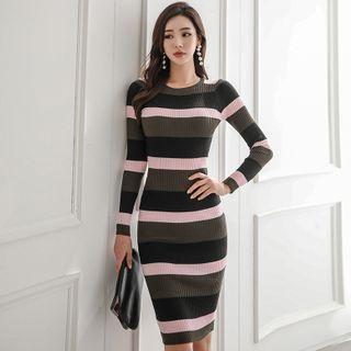 Striped Long-sleeve Knit Sheath Dress Army Green - One Size